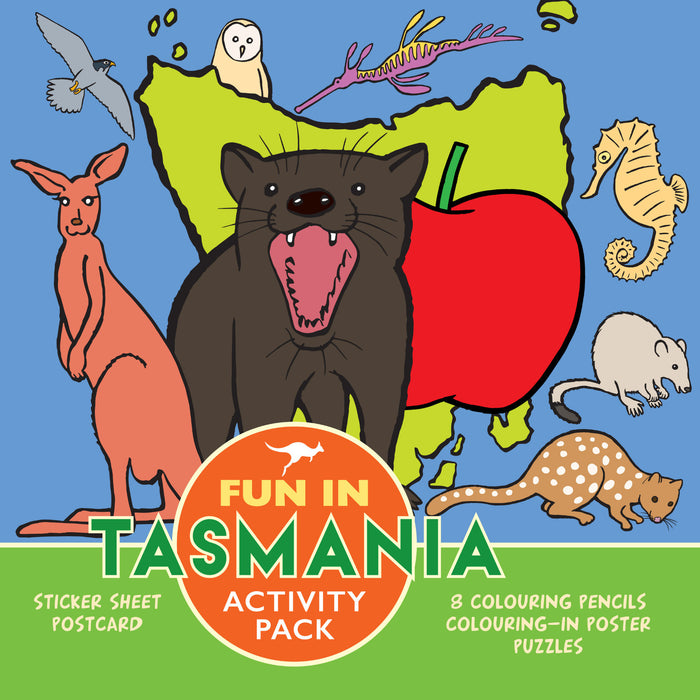 Fun in Tasmania Activity Pack: Sticker sheet, Postcard, 8 Colouring Pencils, Poster, Puzzles